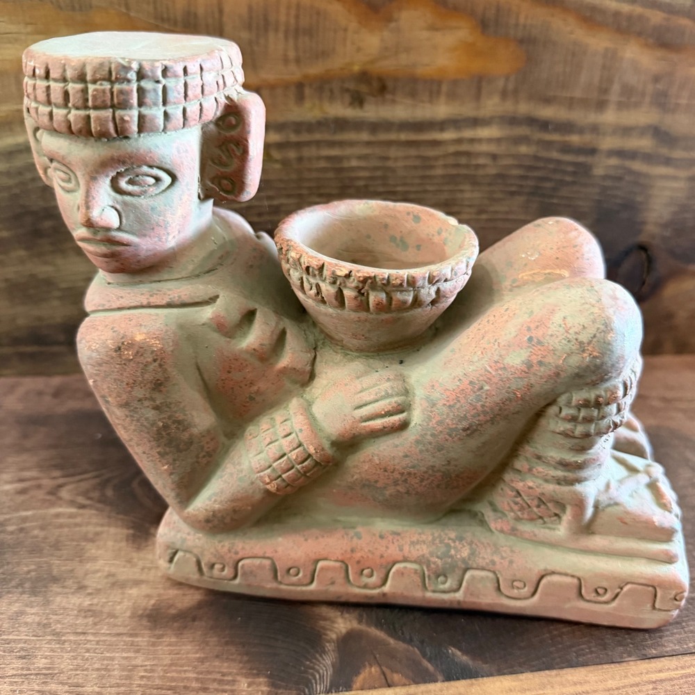 Vintage Mayan Chacmool Reclining Figure Terracotta Sculpture Offering Bowl Decor